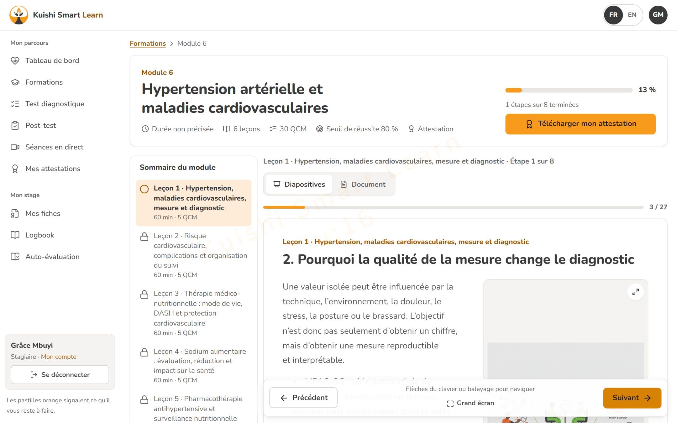 Le lecteur de cours : sommaire et diapositive illustrée